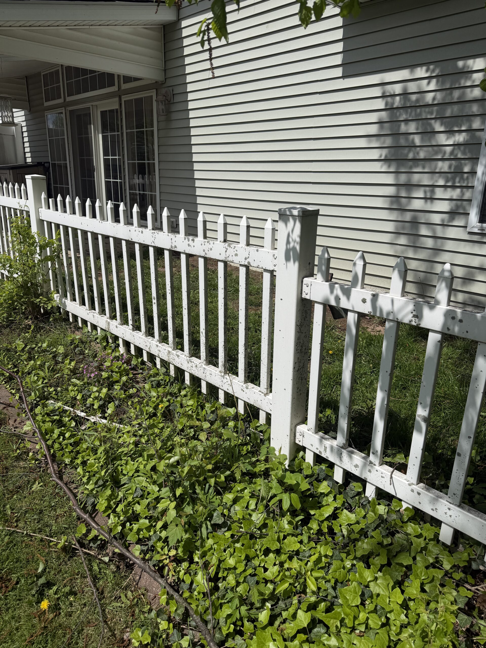 Backyard wood deck cleaned before summer gathering with furniture moved aside