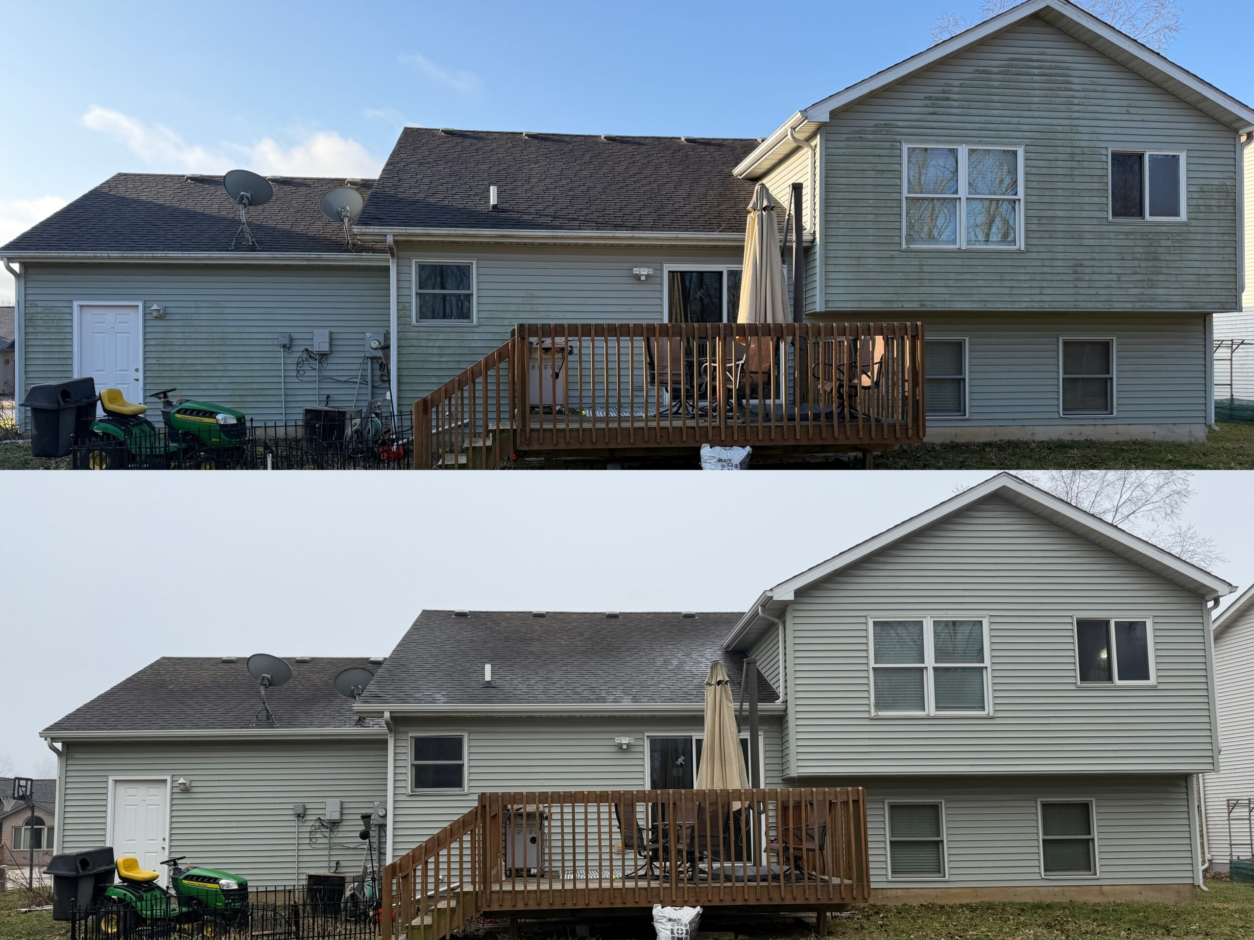 Technician washing algae-stained siding on suburban Lake County home before weekend gathering