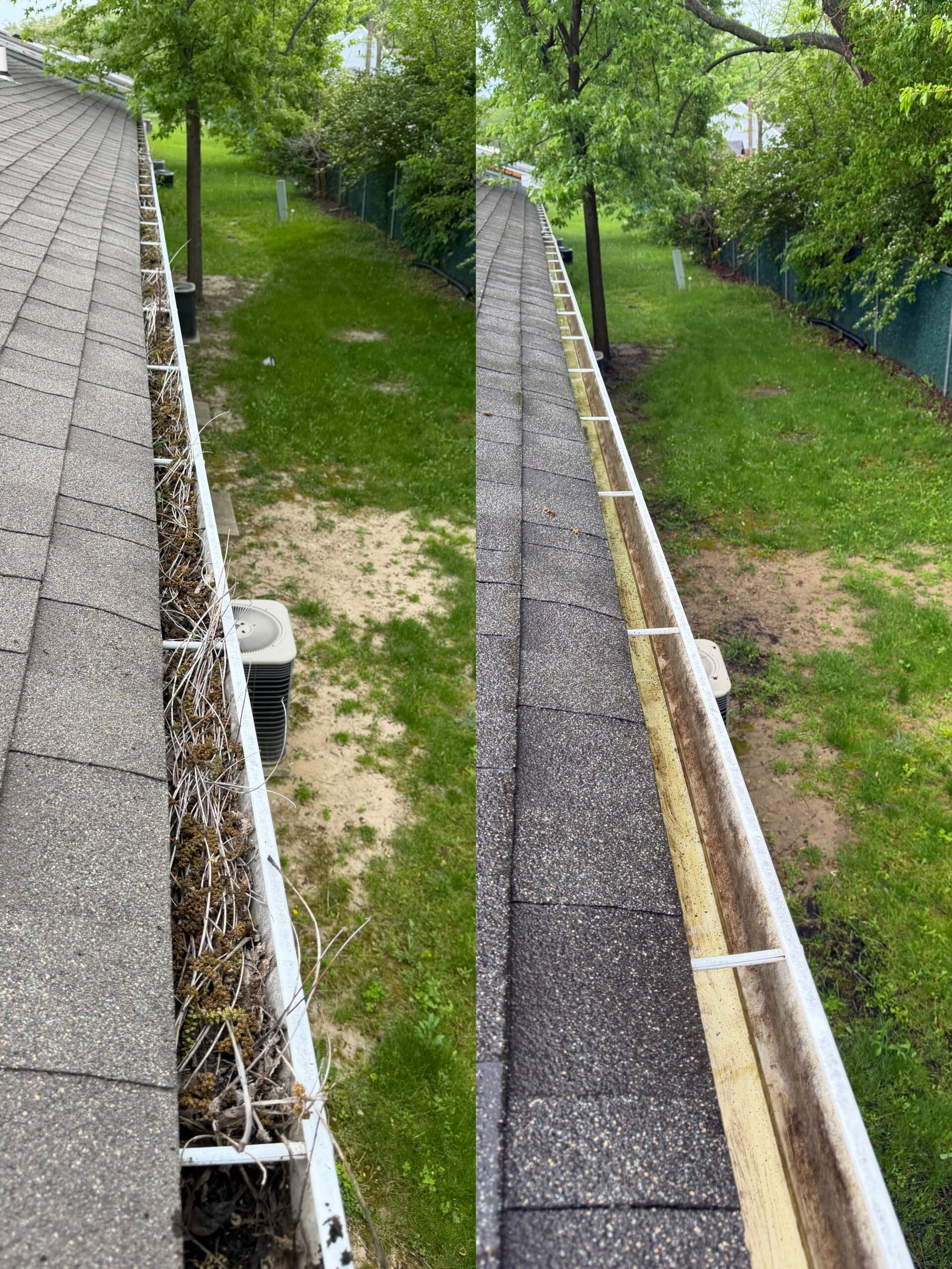 Experienced technician inspecting gutter flow and downspout blockage along roof edge