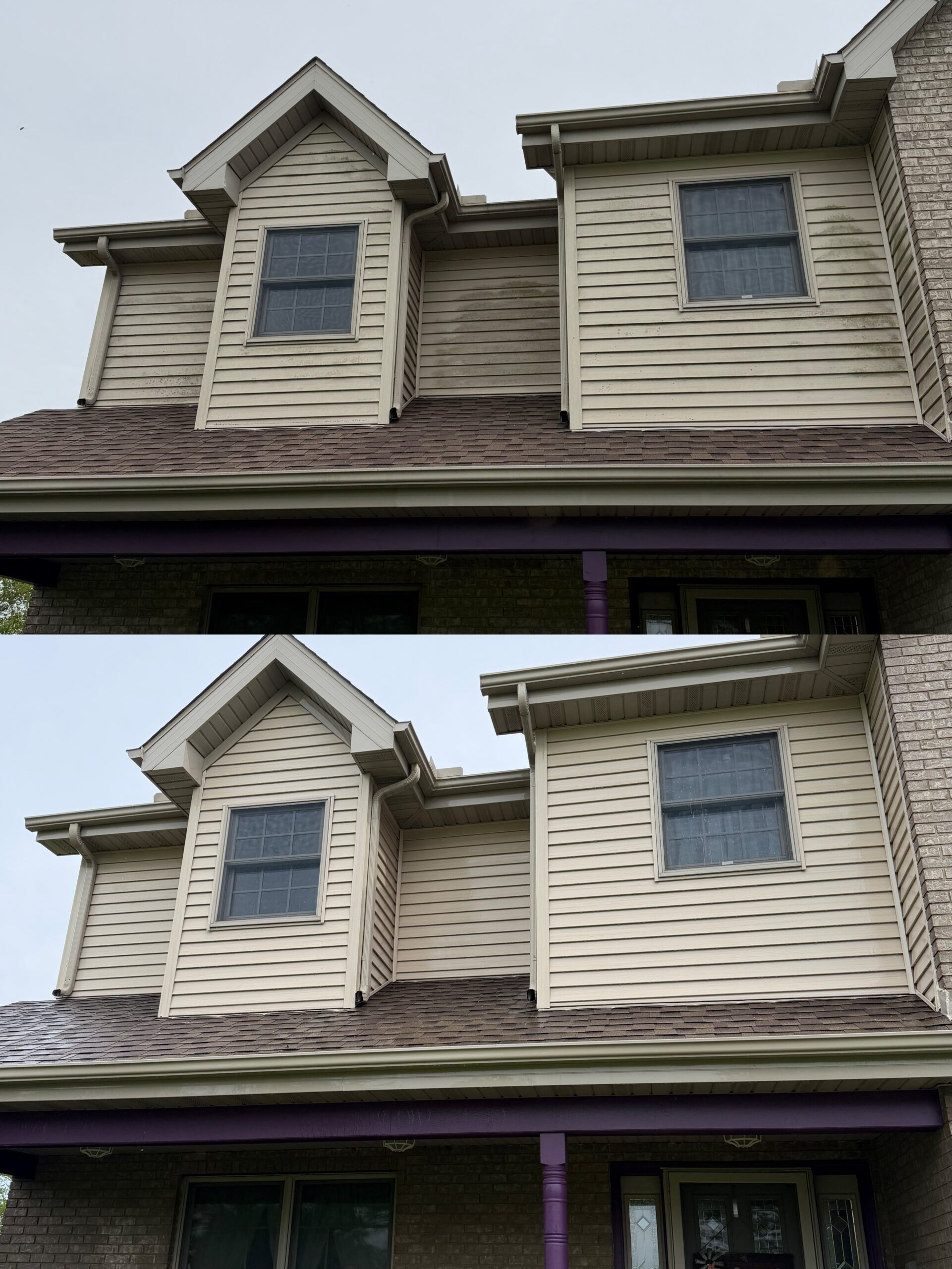 Skilled exterior cleaning technician adjusting soft wash process on delicate residential siding