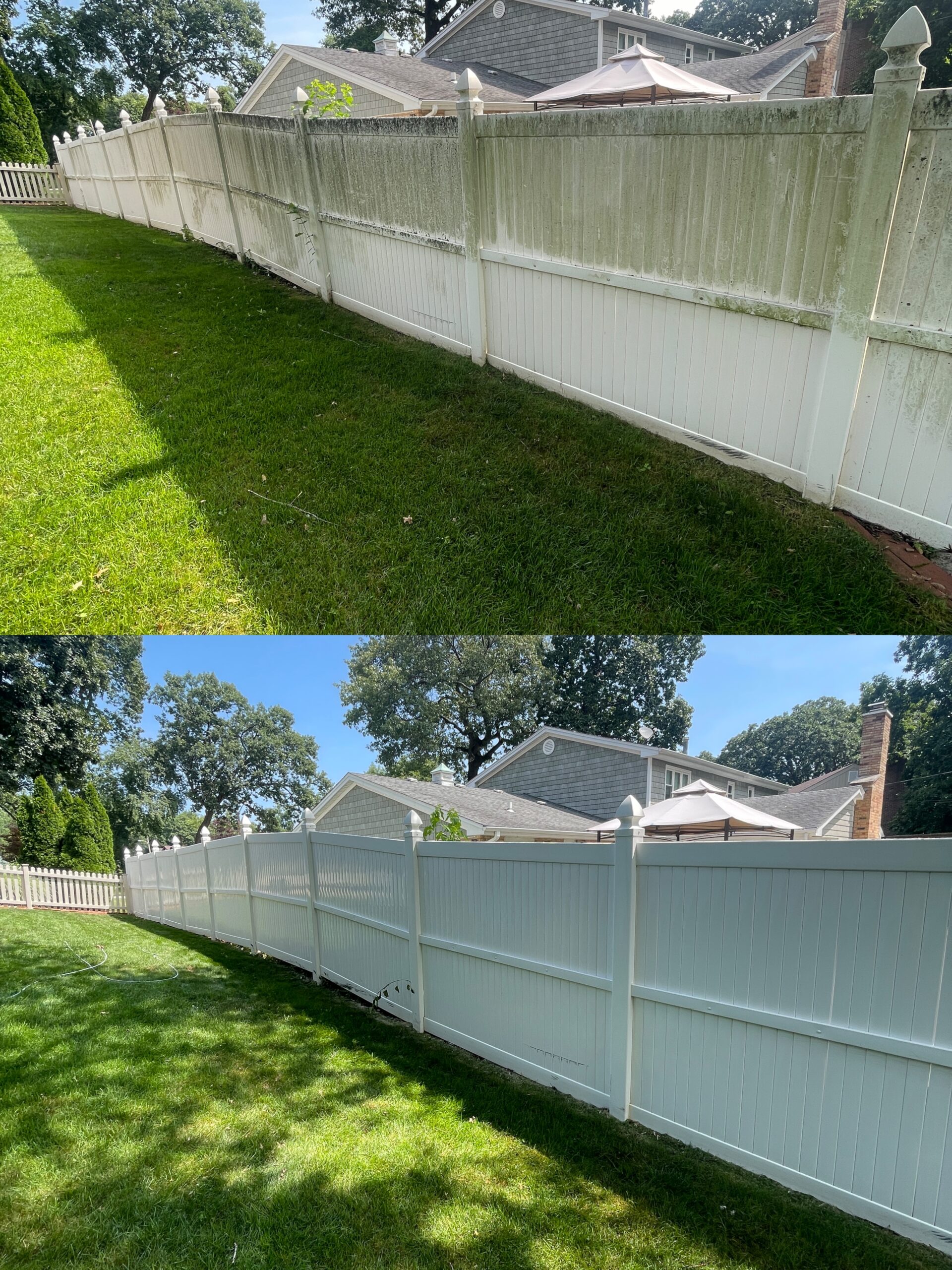 Technician carefully cleaning wood fence boards with controlled pressure washing equipment