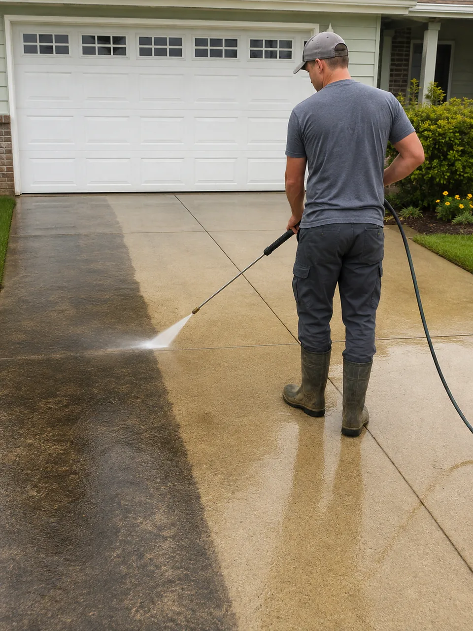 Concrete Cleaning in Valparaiso - IN underway as a technician washes a stained residential driveway