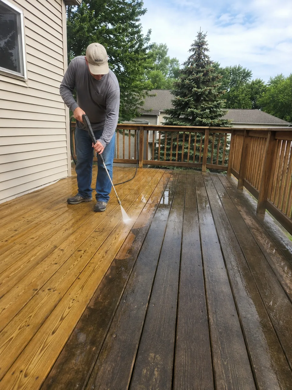 Deck Cleaning in Valparaiso - IN in progress as a technician rinses algae from backyard steps