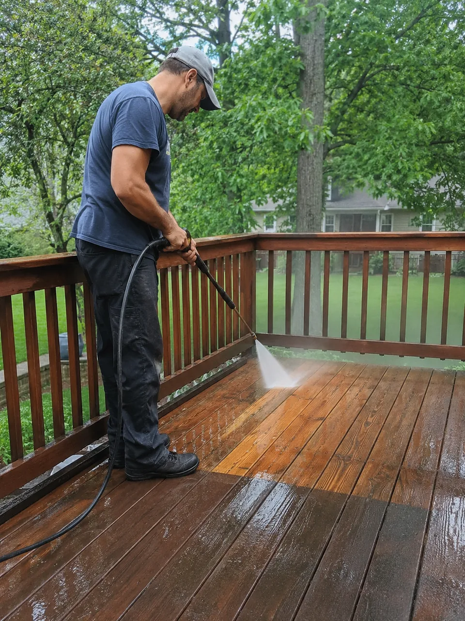Technician performing deck cleaning on a weathered Valparaiso - IN backyard platform near railings