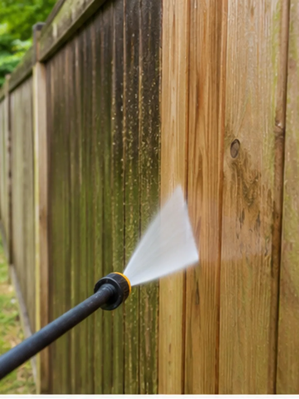 Fence Cleaning in Valparaiso - IN underway as a technician rinses buildup from backyard privacy panels