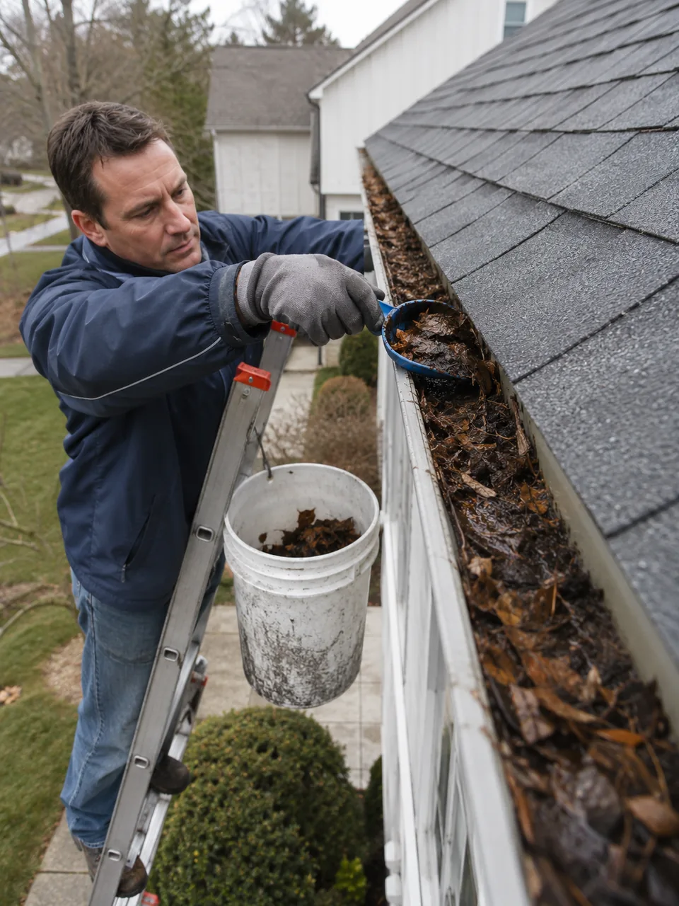 Gutter Cleaning in Valparaiso - IN in progress as a technician clears leaves from a roof edge
