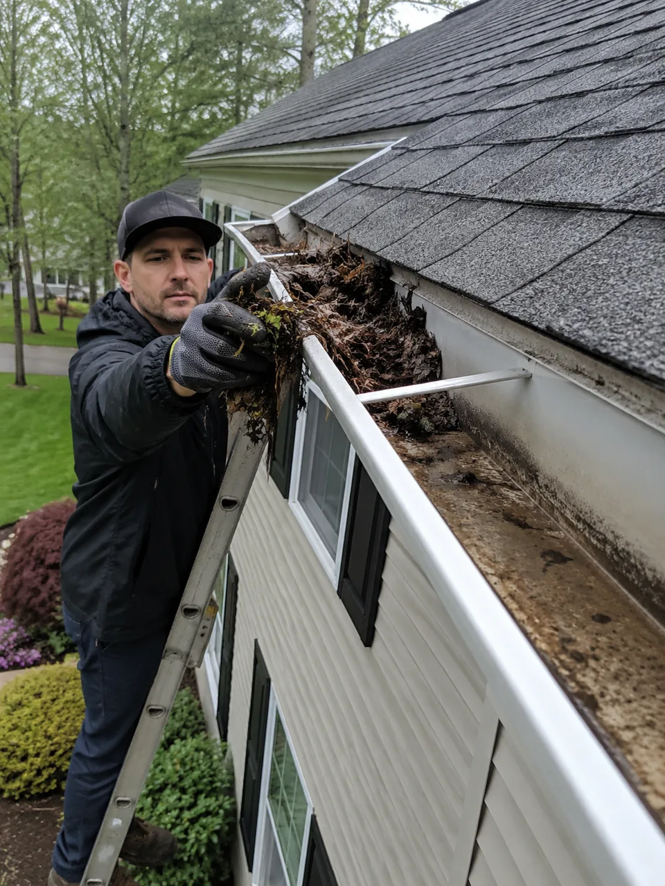 Technician performing Gutter Cleaning above a Valparaiso - IN home while checking downspout water flow