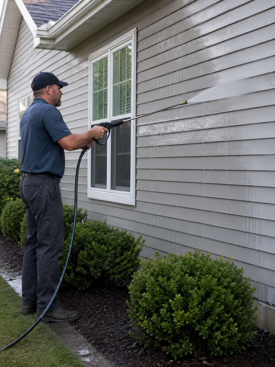 House Washing in Valparaiso - IN underway as a technician rinses siding and trim on a home