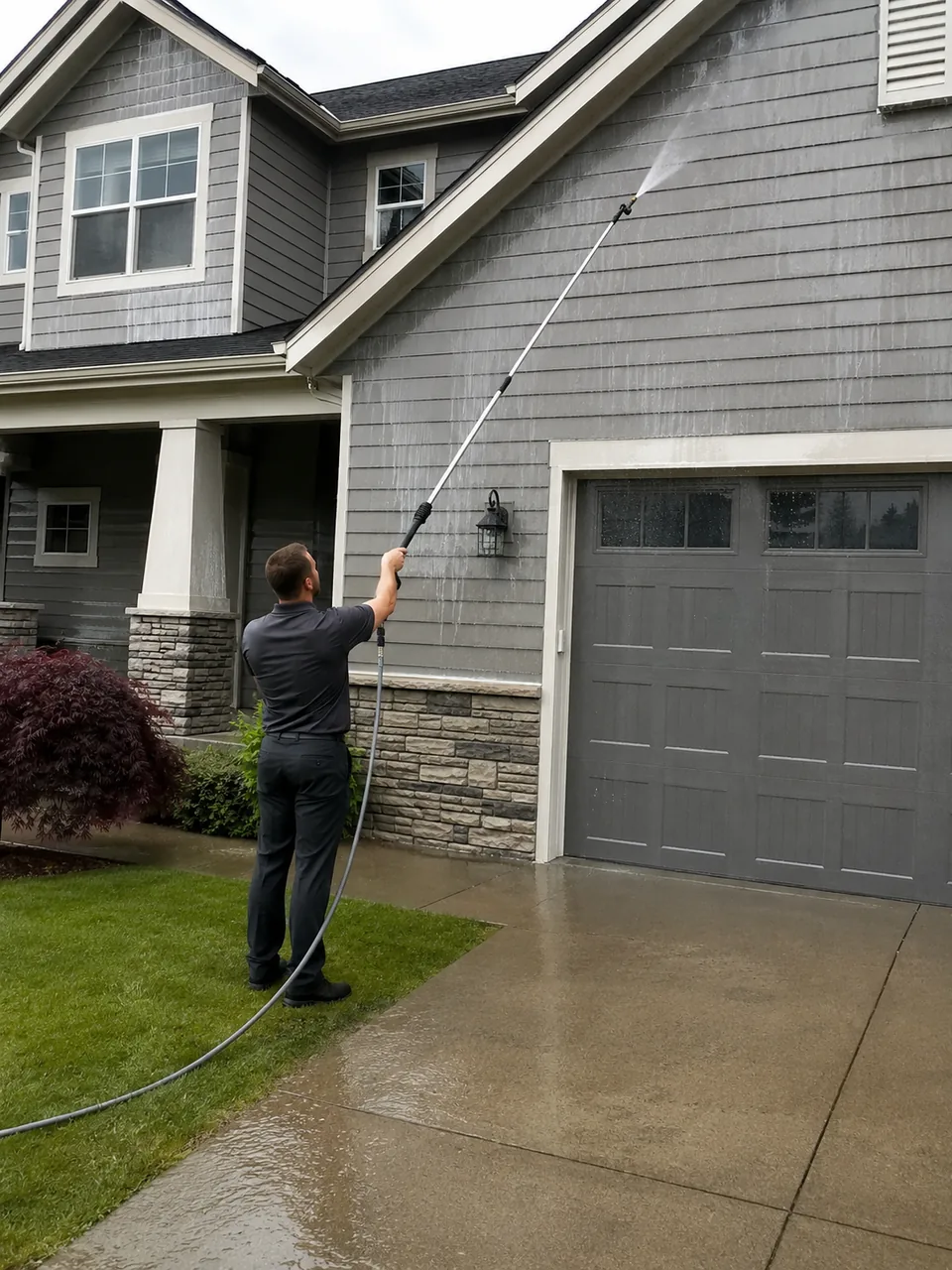 Crew performing House Washing on siding beside a Valparaiso - IN home with low-pressure equipment