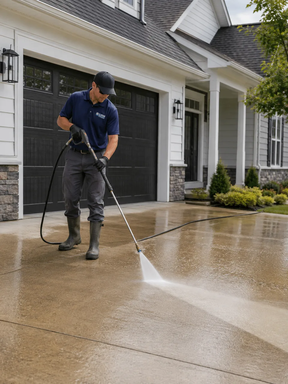 Pressure Washing in Valparaiso - IN underway as a technician cleans a stained concrete driveway, Pressure Washing in St. John - IN as a technician rinses grime from a front walkway