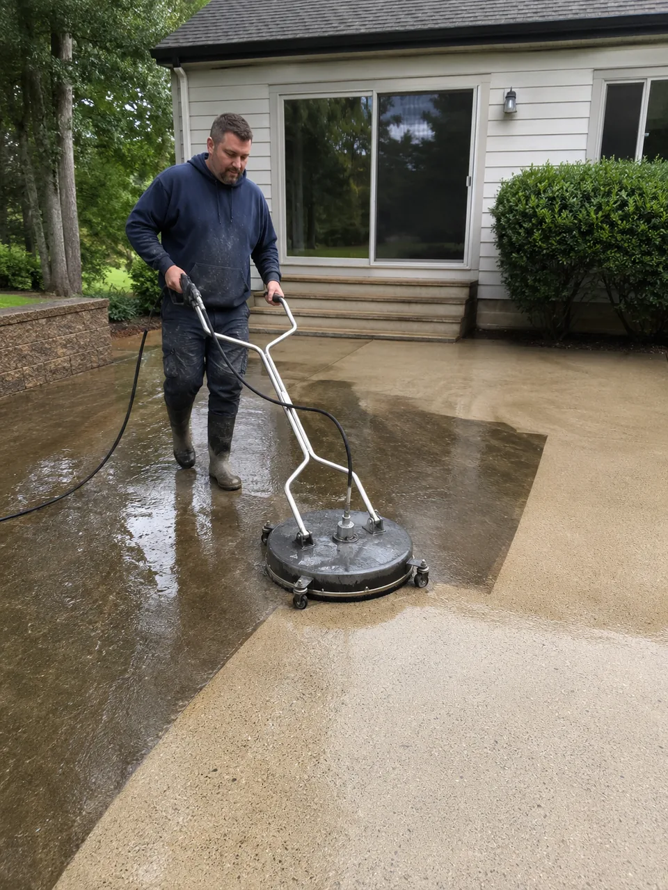 Technician performing Pressure Washing on a walkway beside a Crown Point - IN home exterior