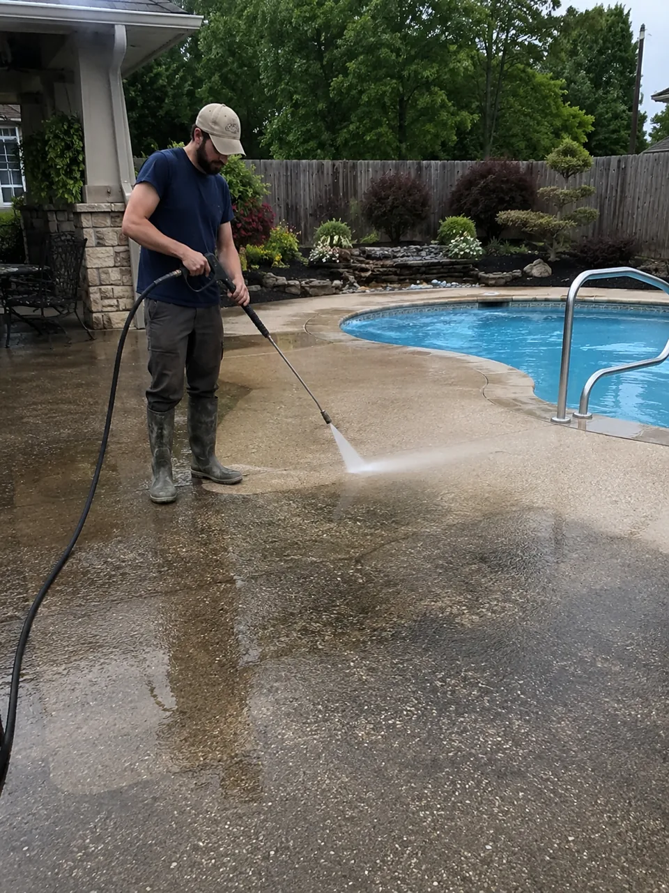 Pressure Washing in Dyer - IN as a technician cleans mildew from a backyard patio, Pressure Washing in Hebron - IN as a technician cleans algae from a concrete walkway