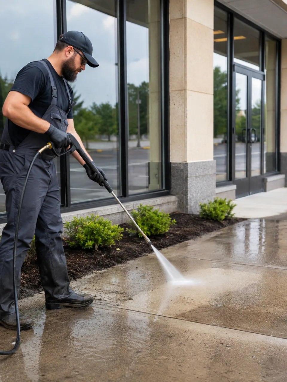 Technician pressure washing a driveway beside a Dyer - IN home before a weekend gathering, Worker pressure washing a stained patio beside a Hebron - IN home during spring cleanup