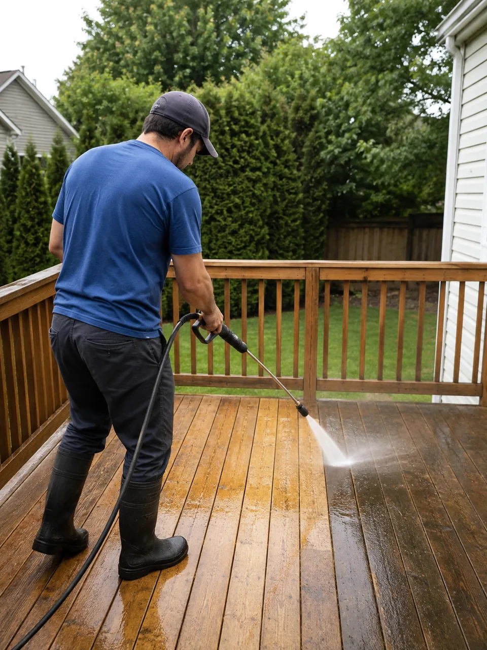Pressure Washing in Schererville - IN as a crew cleans a stained front walkway, Pressure Washing in Ogden Dunes - IN as a technician rinses sand and grime from a driveway