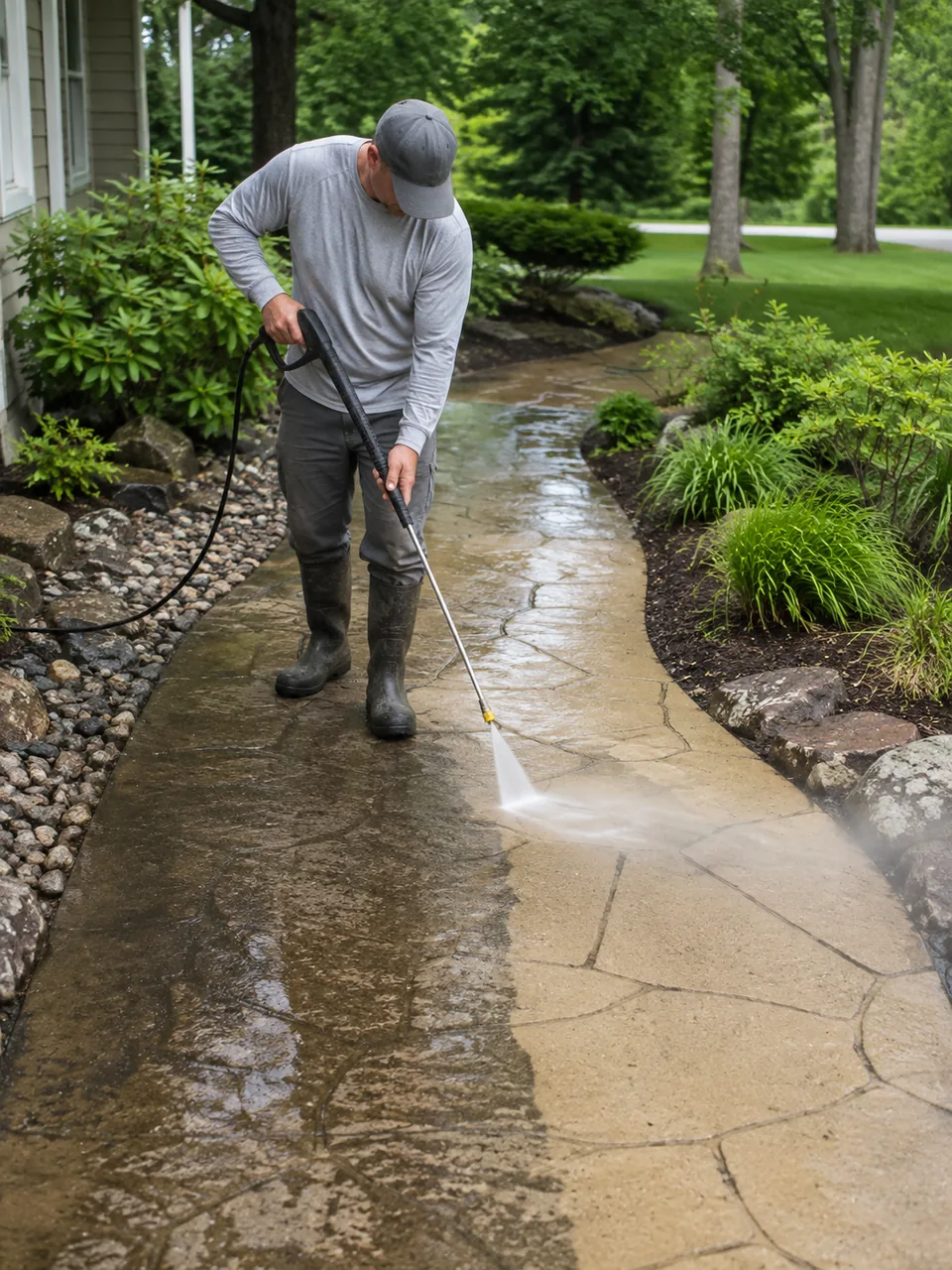 Technician pressure washing concrete beside a Schererville - IN home to remove dark surface buildup