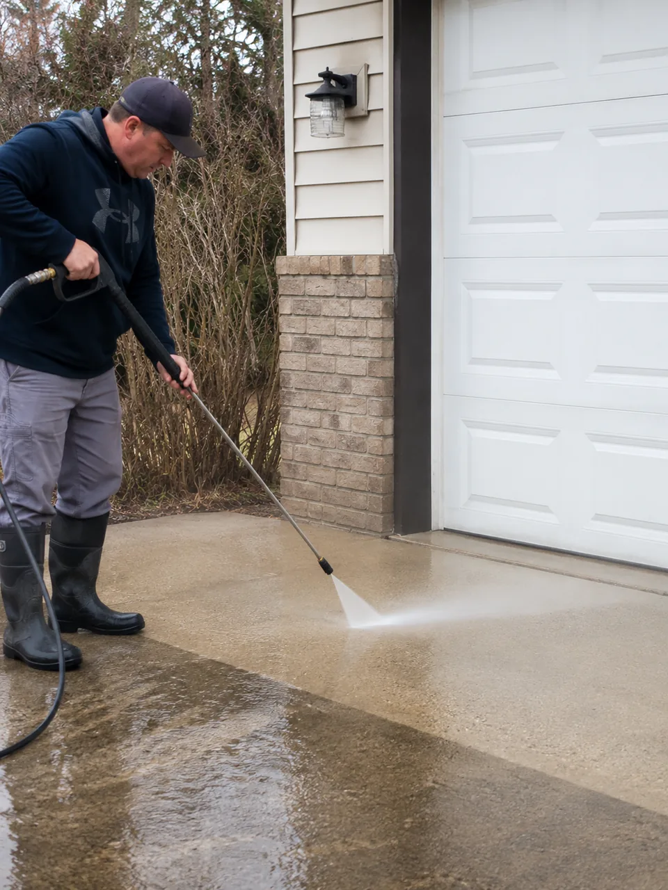 Pressure Washing in Merrillville - IN as a technician cleans a stained driveway beside a home, Technician pressure washing concrete steps at an Ogden Dunes - IN home near sandy landscaping