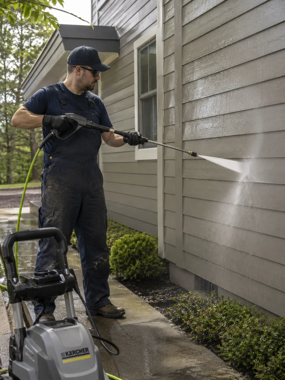 Technician performing Pressure Washing on a patio beside a Valparaiso - IN home after heavy buildup, Worker pressure washing concrete beside a St. John - IN home to clear dark surface buildup
