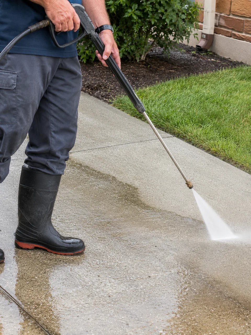 Pressure Washing in Lake County - IN removing dark buildup from a residential driveway on a sunny afternoon, Pressure Washing in Sheridan - IN as a technician cleans a stained driveway beside a garage