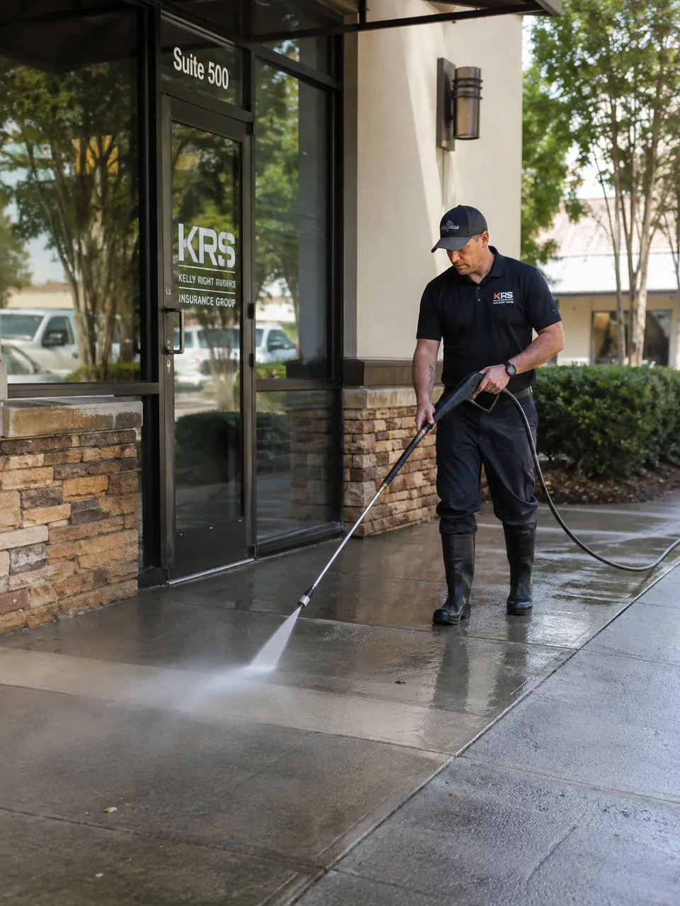 Pressure Washing in Porter County - IN cleaning a weathered patio beside a brick home, Technician pressure washing a sidewalk at a Sheridan - IN property to remove dark grime