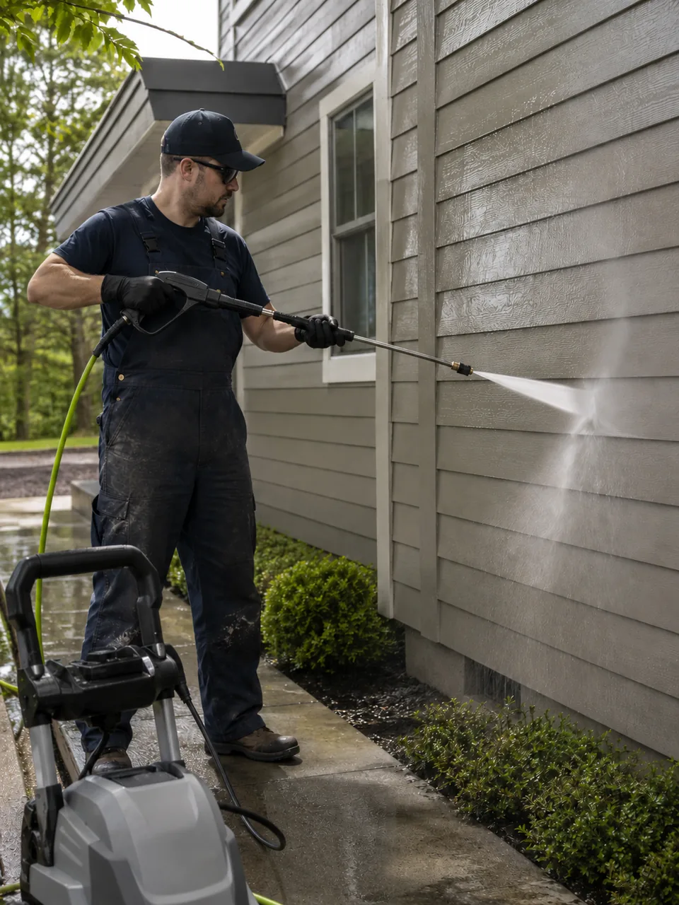 Worker pressure washing grime from a Porter County - IN sidewalk near a home garage, Pressure Washing in Chesterton - IN as a technician rinses algae from a concrete patio, Worker pressure washing a walkway beside a home in Chesterton - IN after heavy grime buildup