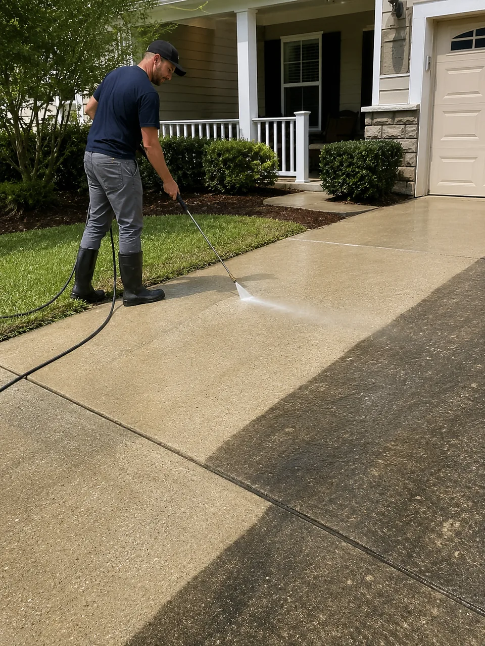 Pressure Washing in LaPorte County - IN removing grime from a front sidewalk outside a home, Pressure Washing in Portage - IN as a worker cleans a stained driveway beside a garage