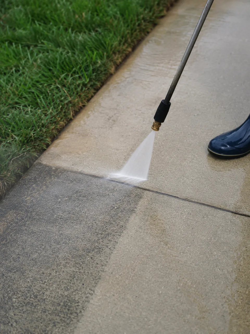 Technician pressure washing a stained driveway in LaPorte County - IN beside a detached garage, Technician pressure washing concrete steps at a Portage - IN home with visible grime and algae