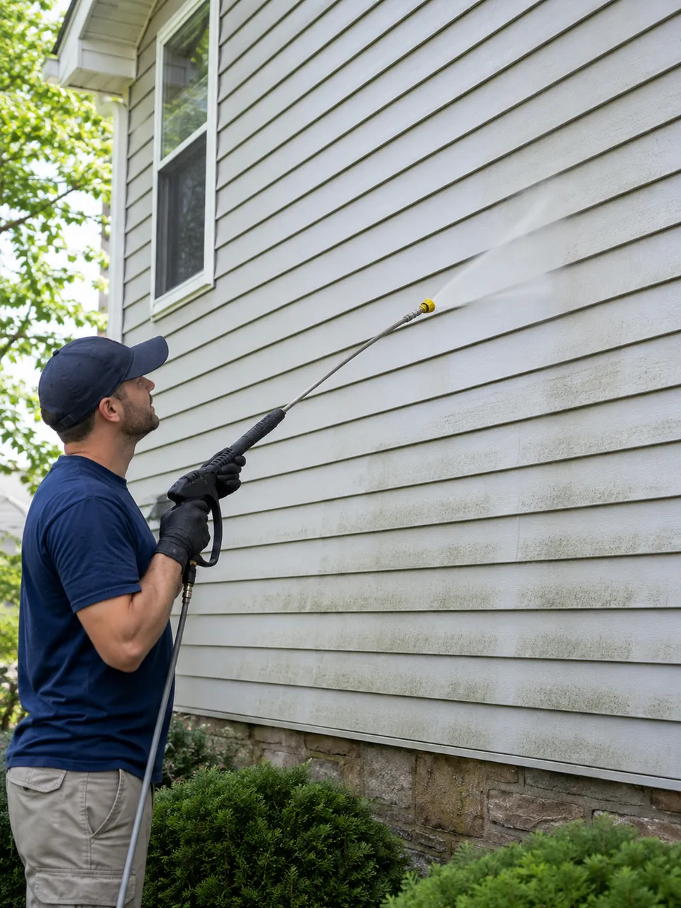 Pressure Washing in Crown Point - IN underway as a technician cleans a stained concrete driveway