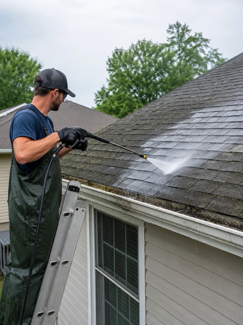 Technician performing Roof Washing on a shingled Valparaiso - IN home with controlled low-pressure equipment