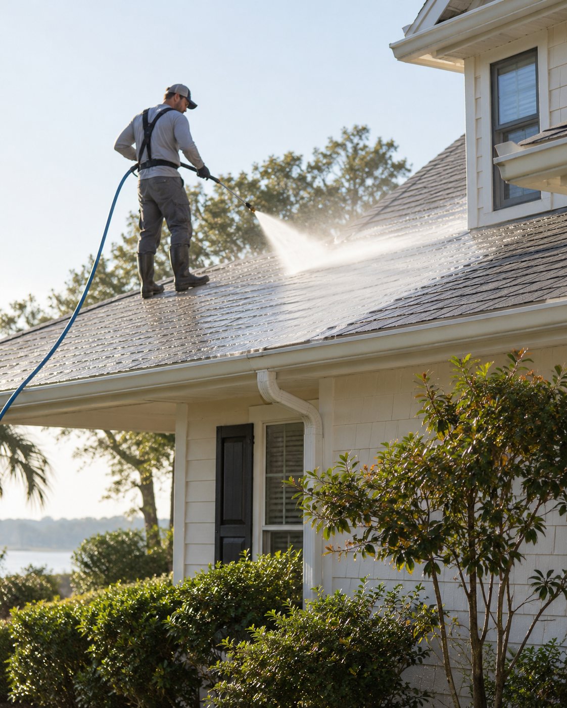 Roof Washing in Crown Point - IN underway as a technician cleans dark streaks from shingles