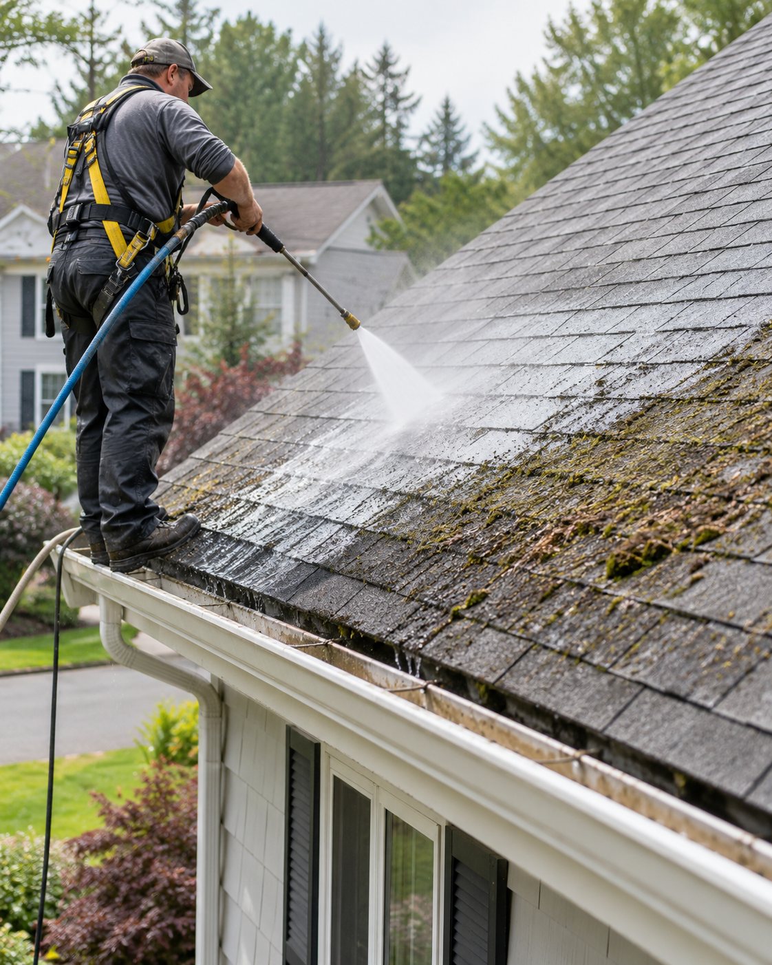 Technician performing roof washing on a Crown Point - IN home with visible algae staining